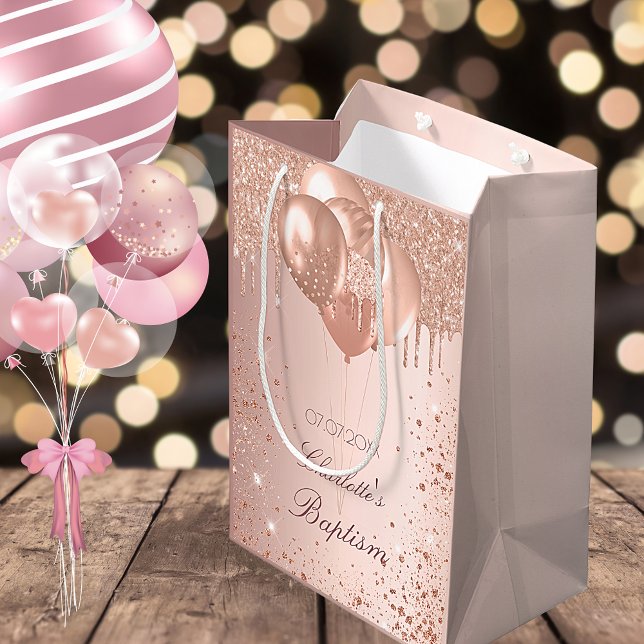 Baptism rose gold blush glitter drips balloons small gift bag (Creator Uploaded)