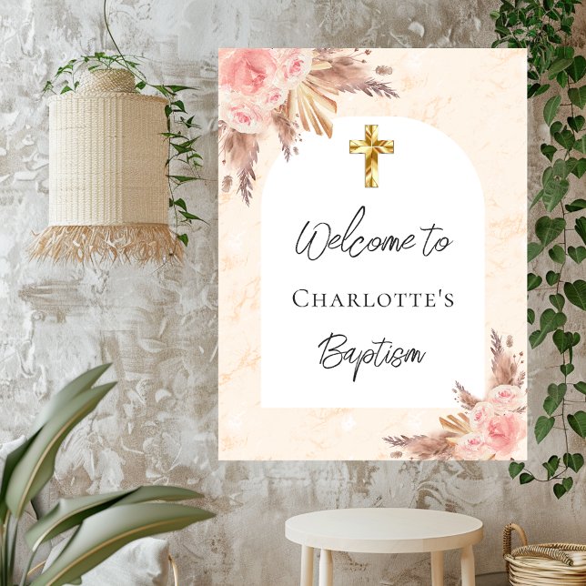 Baptism rose gold blush pampas grass arch welcome poster (Creator Uploaded)