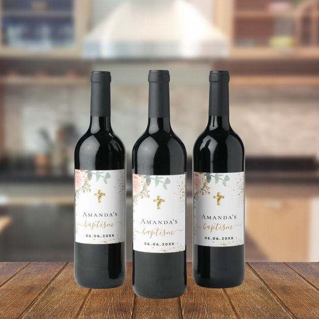 Baptism rose gold blush pink floral wine label (Creator Uploaded)