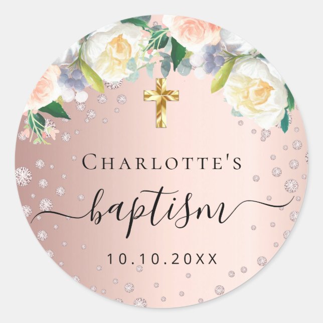 Baptism rose gold blush pink florals girl name classic round sticker (Front)