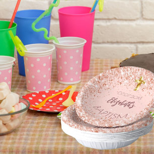 Baptism rose gold confetti girl name paper plate
