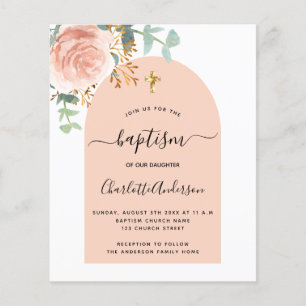 Baptism rose gold floral arch budget invitation flyer