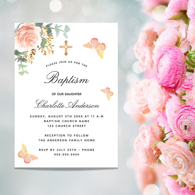 Baptism rose gold floral butterfly luxury invitation (Creator Uploaded)