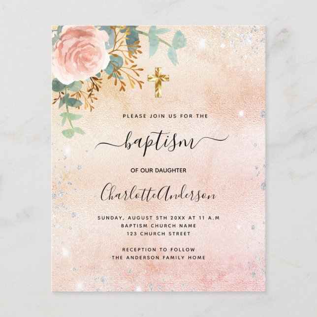 Baptism rose gold floral eucalyptus invitation (Front)