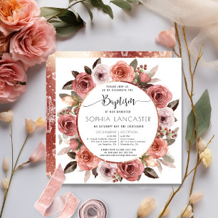 Baptism, Rose Gold Floral Invitation