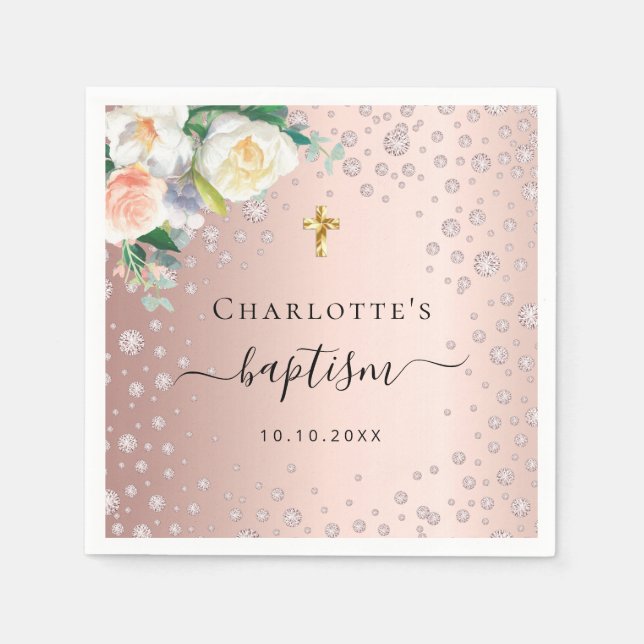 Baptism rose gold florals girl elegant name napkin (Front)