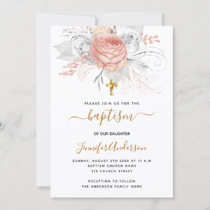 Baptism rose gold florals girl elegant white invitation