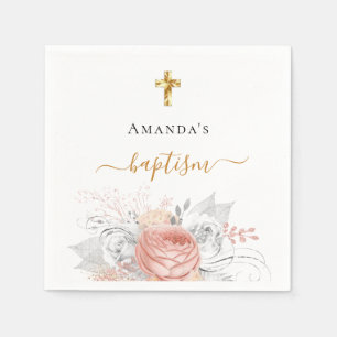 Baptism rose gold flower white elegant name girl napkin