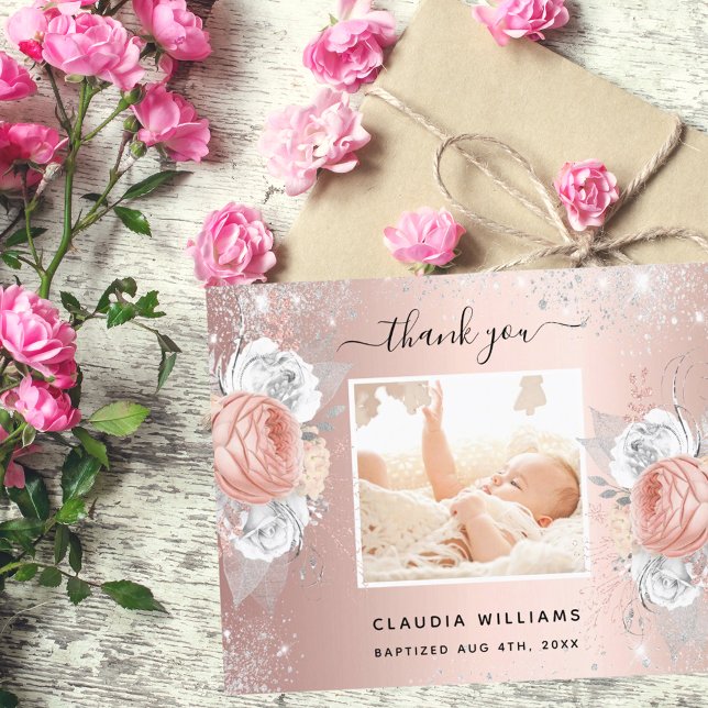 Baptism rose gold girl floral photo thank you card (Creator Uploaded)