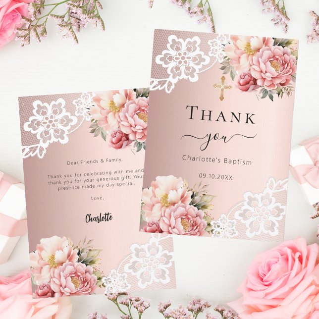 Baptism rose gold pink floral lace cross thank you card (Creator Uploaded)