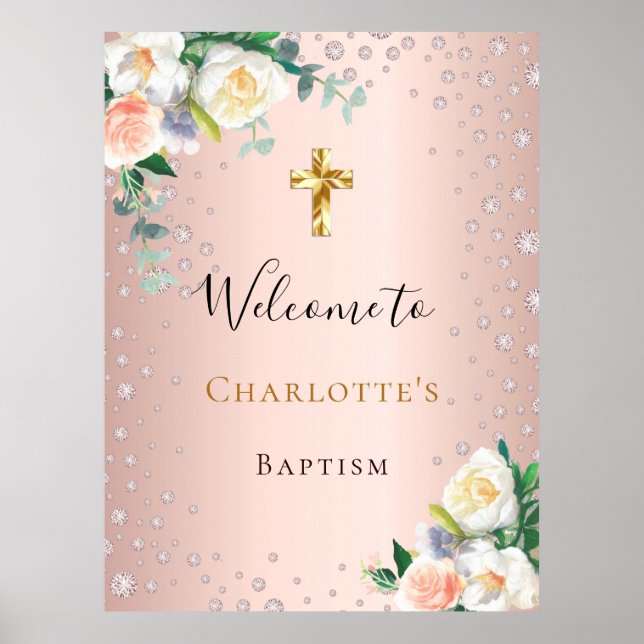 Baptism rose gold pink flowers girl welcome poster (Front)