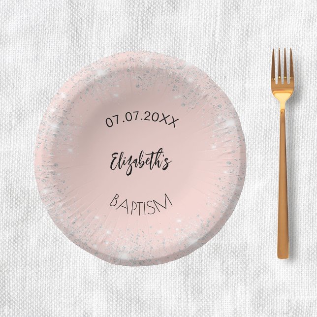 Baptism rose gold silver girl name paper plate (Creator Uploaded)
