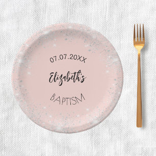 Baptism rose gold silver glitter girl name paper plate