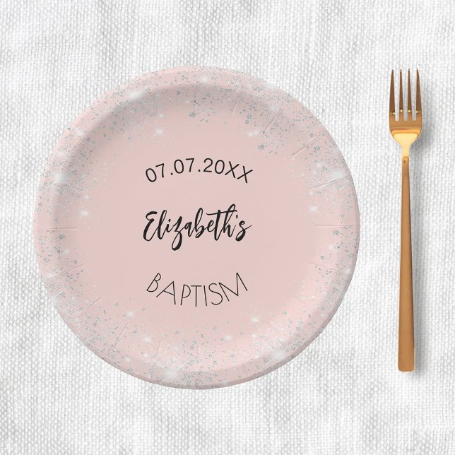 Baptism rose gold silver glitter girl name paper plate (Creator Uploaded)