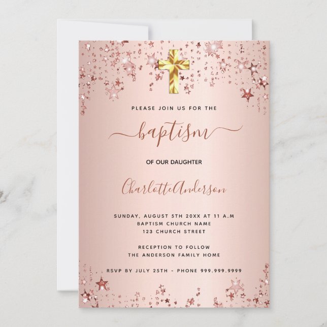 Baptism rose gold stars girl elegant invitation (Front)