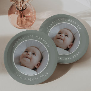 Baptism Round Photo Sage Paper Plate