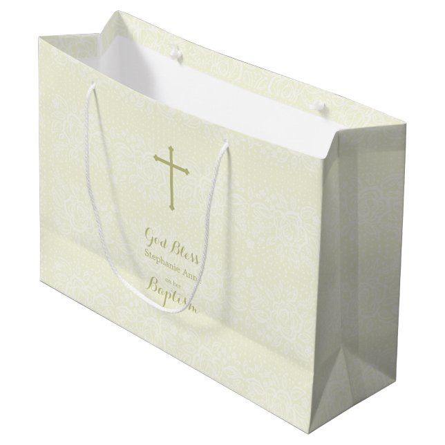 Baptism Sage Delicate Floral Lace Large Gift Bag (Front Angled)