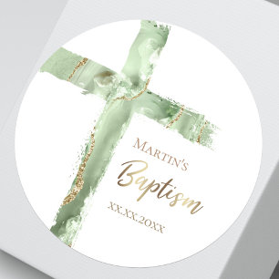 Baptism sage green agate Holy Cross Classic Round Sticker