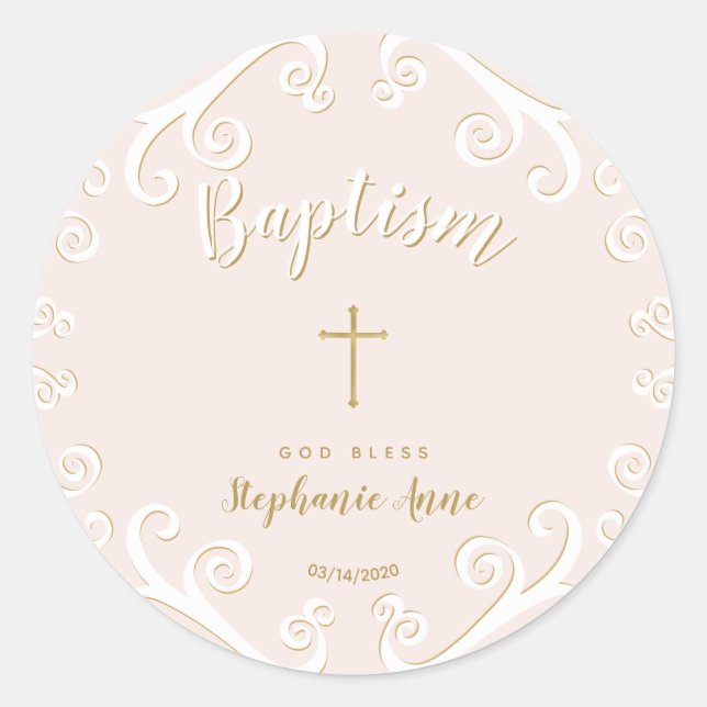 Baptism Scrolls in Pink and Gold Classic Round Sticker (Front)