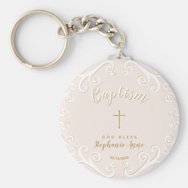 Baptism Scrolls in Pink and Gold Key Ring (Front)