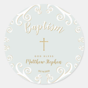 Baptism Scrolls in Powder Blue and Gold Classic Round Sticker