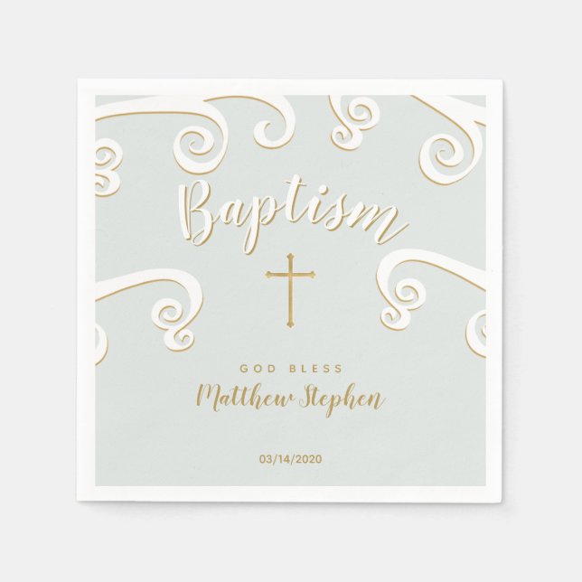 Baptism Scrolls in Powder Blue and Gold Napkin (Front)
