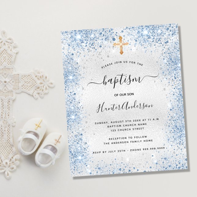 Baptism silver blue boy budget invitation flyer (Creator Uploaded)