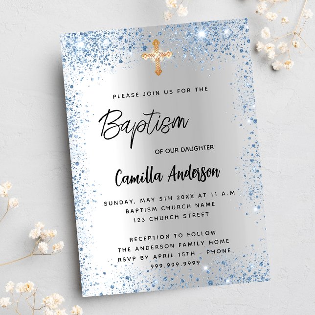Baptism silver blue boy glitter cross invitation postcard (Creator Uploaded)