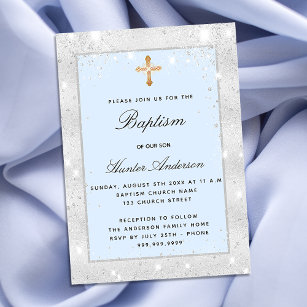 Baptism silver blue boy sparkles script luxury invitation