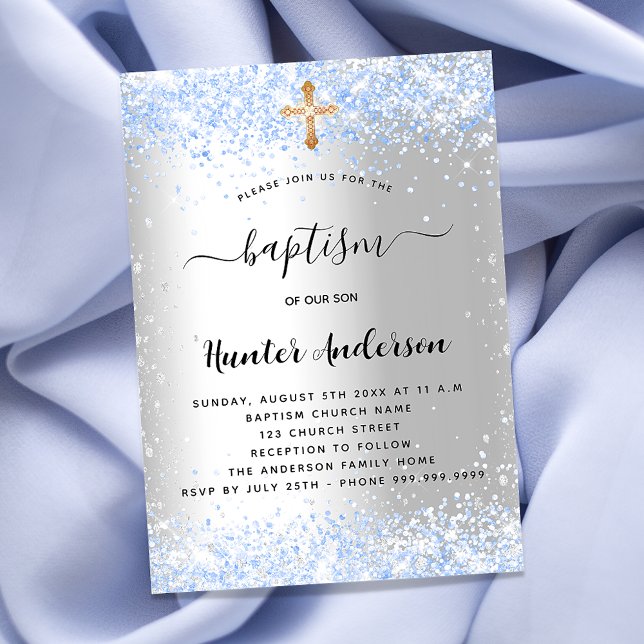 Baptism silver blue confetti baby boy luxury invitation (Creator Uploaded)