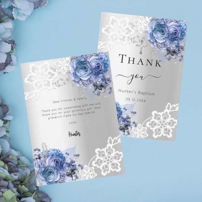 Baptism silver blue floral lace boy thank you card (Creator Uploaded)