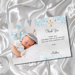 Baptism silver blue photo boy thank you card