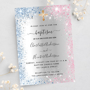 Baptism silver blue pink twins boy girl invitation