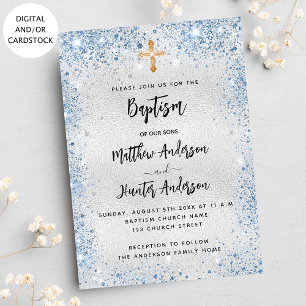 Baptism silver blue twin boys invitation