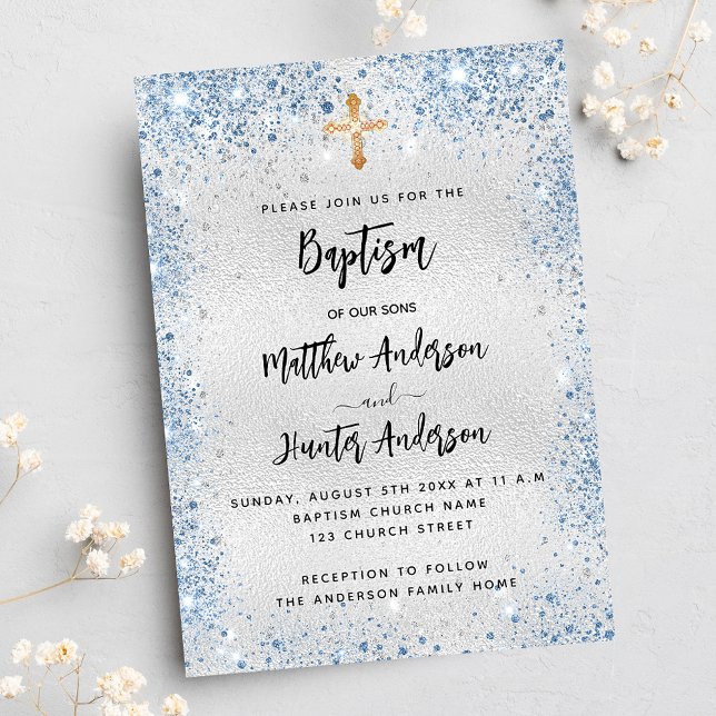 Baptism silver blue twin boys invitation postcard (Creator Uploaded)