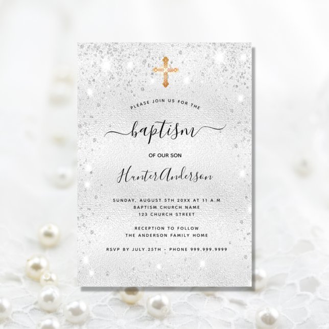 Baptism silver dust glitter boy girl modern invitation (Creator Uploaded)
