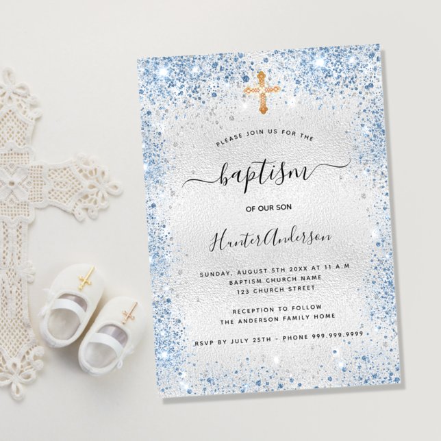 Baptism silver glitter blue boy elegant invitation (Creator Uploaded)