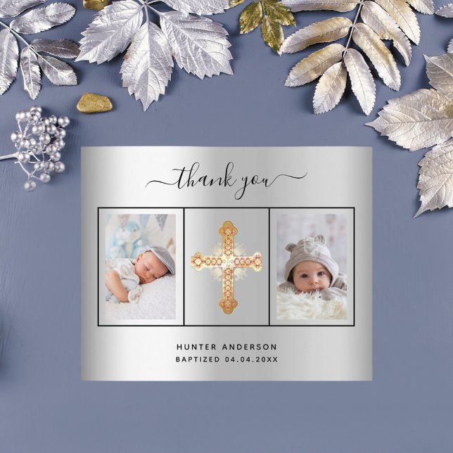 Baptism silver photo boy thank you card (Creator Uploaded)