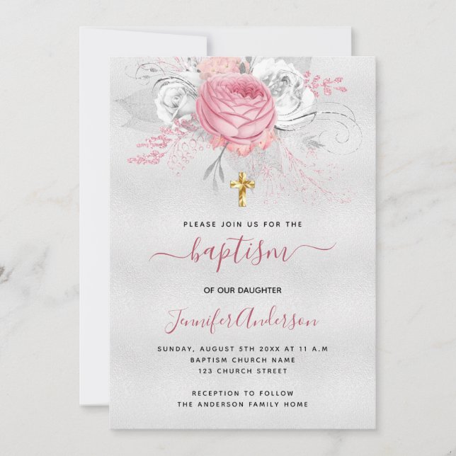 Baptism silver pink florals girl elegant white invitation (Front)