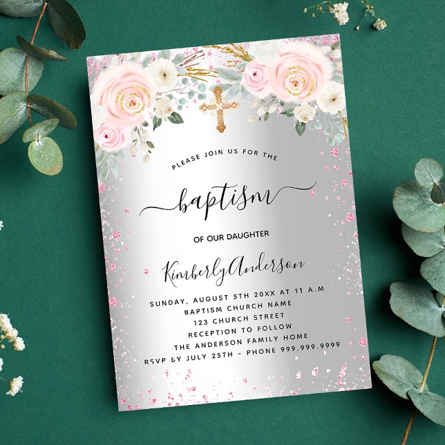 Baptism silver pink florals glitter girl elegant invitation postcard (Creator Uploaded)
