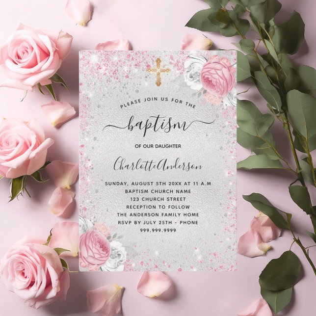 Baptism silver pink girl floral glitter invitation (Creator Uploaded)