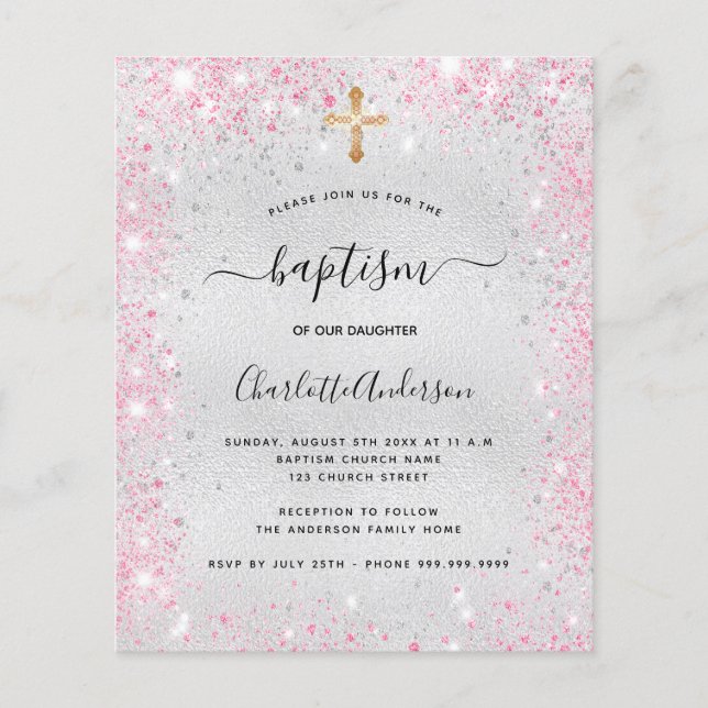 Baptism silver pink girl glitter budget invitation flyer (Front)
