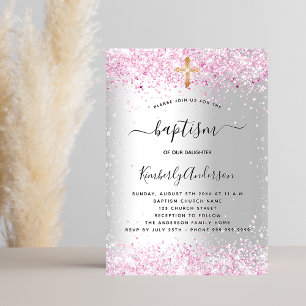 Baptism silver pink glitter girl cross luxury invitation