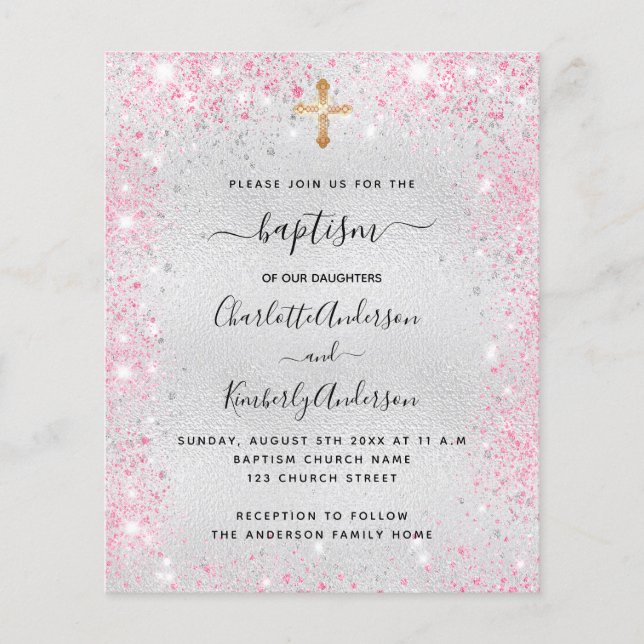 Baptism silver pink twin girls budget invitation (Front)