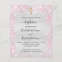 Baptism silver pink twin girls budget invitation