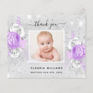 Baptism silver purple photo girl thank you card