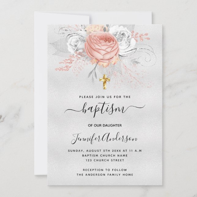 Baptism silver rose gold florals girl elegant invitation (Front)