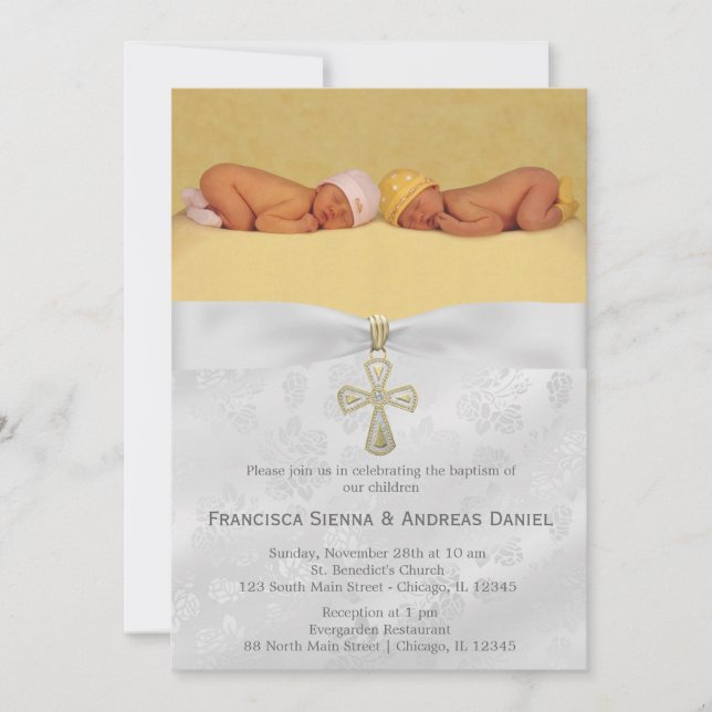 Baptism Silver Roses with photo Invitation (Front)