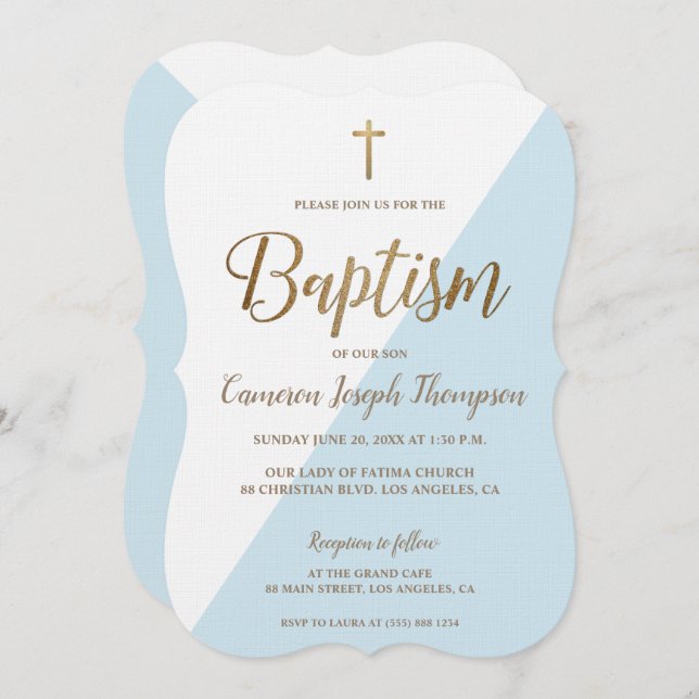 Baptism Simple Blue White Gold Modern Scalopped Invitation (Front/Back)