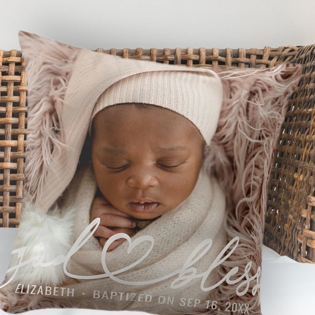 Baptism Simple Elegant Modern Heart Baby Photo Cushion (Creator Uploaded)